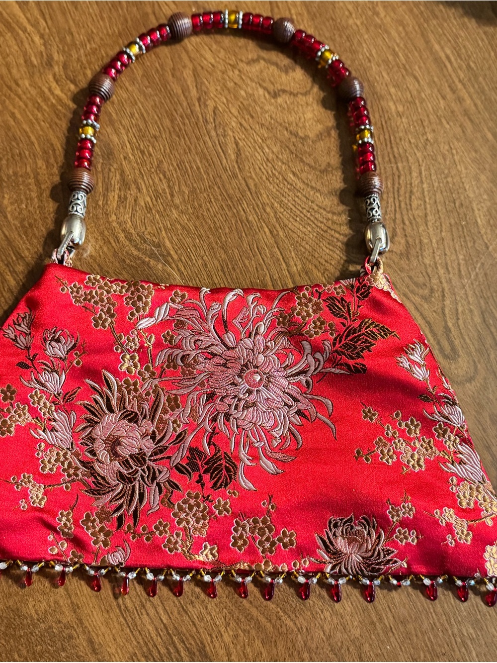 Red Satin Embroidered Floral Handbag with Beaded Handle